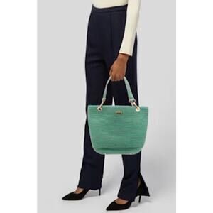 Eric Javits Womens Blue Yellow Woven Canvas Designer Tote Shoulder Bag Casual